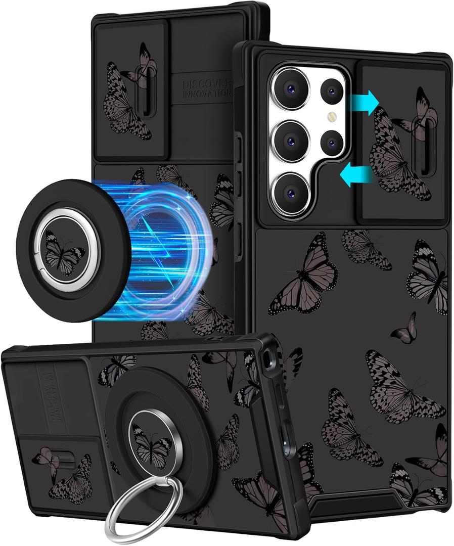 for Samsung Galaxy S24 Ultra Case - [2in1] Women Cute Girls Phone Cover Girly Aesthetic Black Butterfly Design Camera Cover Compatible with MagSafe Ring Holder Stand Funda for S24 Ultra