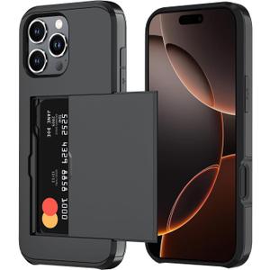 Qinmay Compatible with iPhone 16 Pro Case with Card Holder, Dual Layer Shockproof,Heavy Duty Protective Hidden Slot Slim Wallet Phone CoverBlack