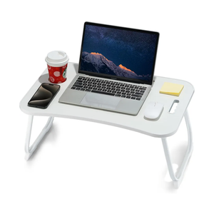 Laptop Bed Desk, Foldable Lap Desk, Portable Lap Table, Laptop Stand with Cup Holder & Tablet Slot & Lifting Handle for Working Writing Drawing & Eating - White