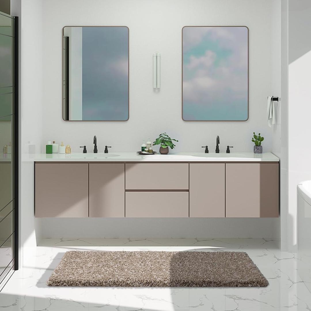 Yimobra Luxury Bathroom Rugs, Fluffy Bath Mats, Non Slip, Water Absorbent Microfiber, Machine Washable, Plush Runner Shower Rugs, Thick Matts for Bathroom Floor&Tub, 60"x 24", Light Brown and White