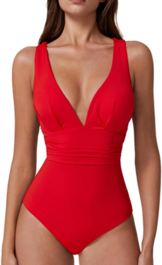 QINSEN Womens Sexy V Neck One Piece Bathing Suit Cross Back Swimsuit High Waist Monokini (Medium, Red)