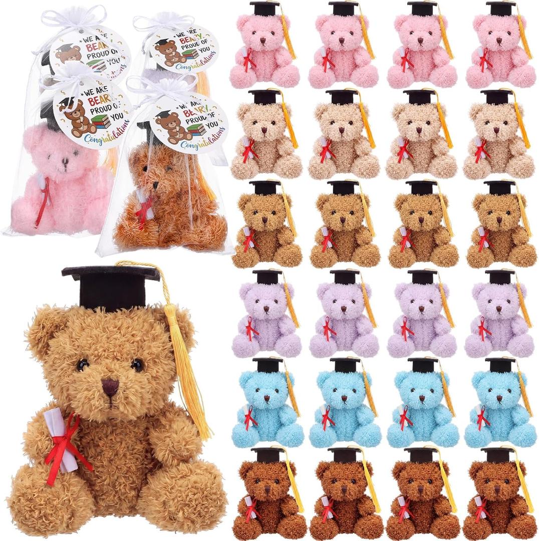 Poen 24 Sets Graduation Mini Plush Bears Bulk Kindergarten Preschool Graduation Gifts 4.7" Cute Stuffed Curly Plush Teddy Bear with Cards Bags for Class of 2026 College High School Party Favor