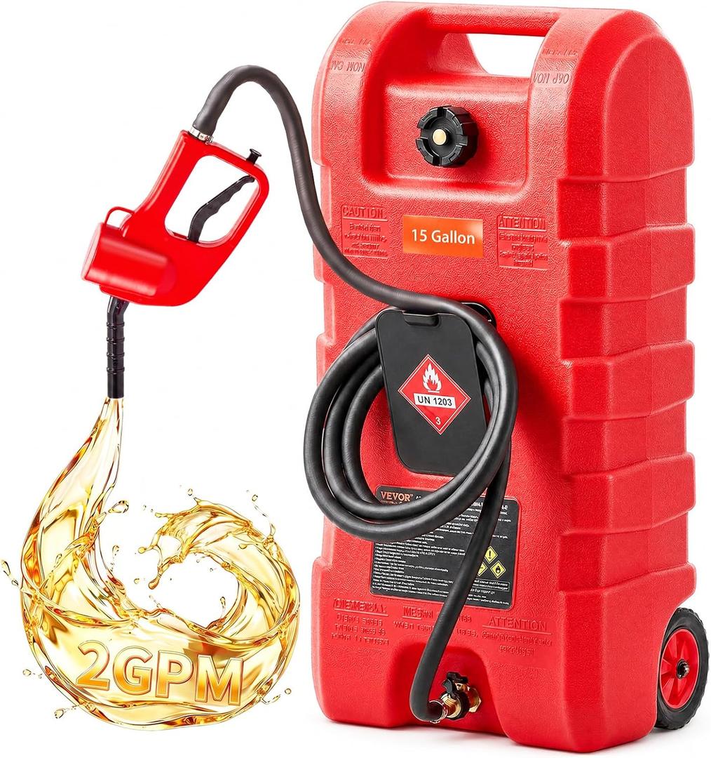 VEVOR Fuel Caddy, 15 Gallon, Fuel Tank Container with Gravity & Hand Pump Modes, Portable Fuel Tank with Wheels, 10 ft Delivery Hose & Manual Pump, Gas Caddy for Motorboats, ATVs, Gasoline & Diesel