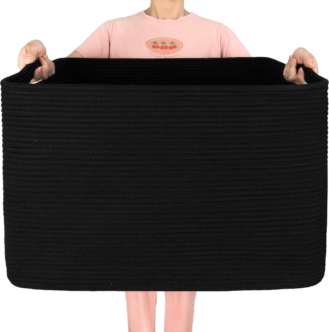 MINTWOOD Design 112L Extra Large Blanket Basket Holder Living Room, 25"x17"x16" Rectangle Rope Woven Storage Basket with Handles for Laundry, Pool Towels, Shoes, Dog Toy Organizer Bin Box, Black