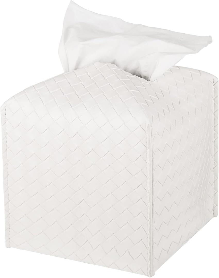 Tissue Box Cover PU Leather Tissue Holder Square Facial Tissue Case Facial Paper Organizer Dispenser for Bathroom, Vanity Countertop, Tabletop, Car, White