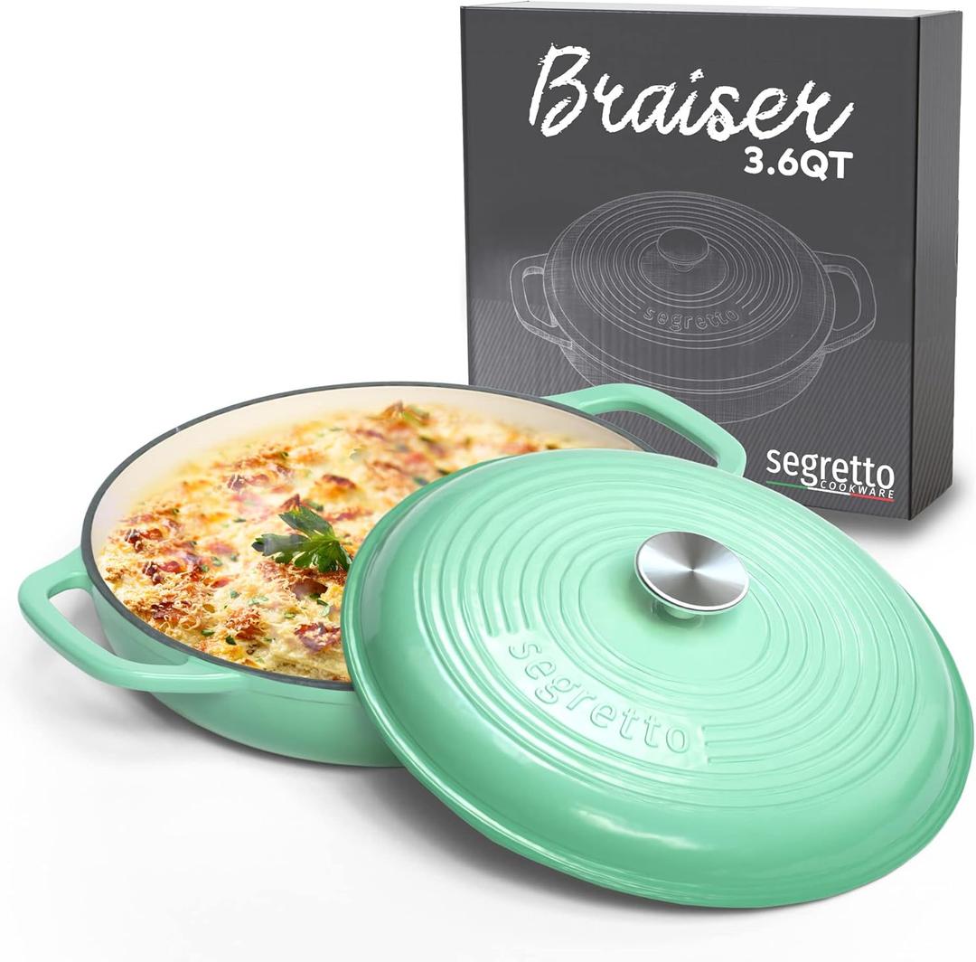 Segretto Cookware 3.6 QT Verde Chiaro (Light Green) Cast Iron Braiser Pan With Lid, Braiser Enameled Cast Iron Casserole Pan With Cover, Lasagna Pan Enamel Cast Iron Skillet with Lid Cookware