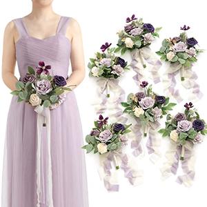 Ling's moment Artificial Bridesmaid Bouquets Set of 6,Purple Wedding Flower Bouquets Lilac Rose Floral Bouquet Bridal Bouquets with Ribbon Ceremony Anniversary,7-inch Diameter