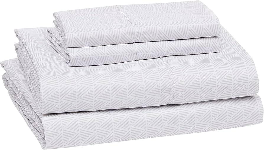 Amazon Basics Lightweight Super Soft, Comfortable Easy Care Microfiber 4 Piece Bed Sheet Set with 14-Inch Deep Pockets, Queen, Gray Crosshatch, Printed