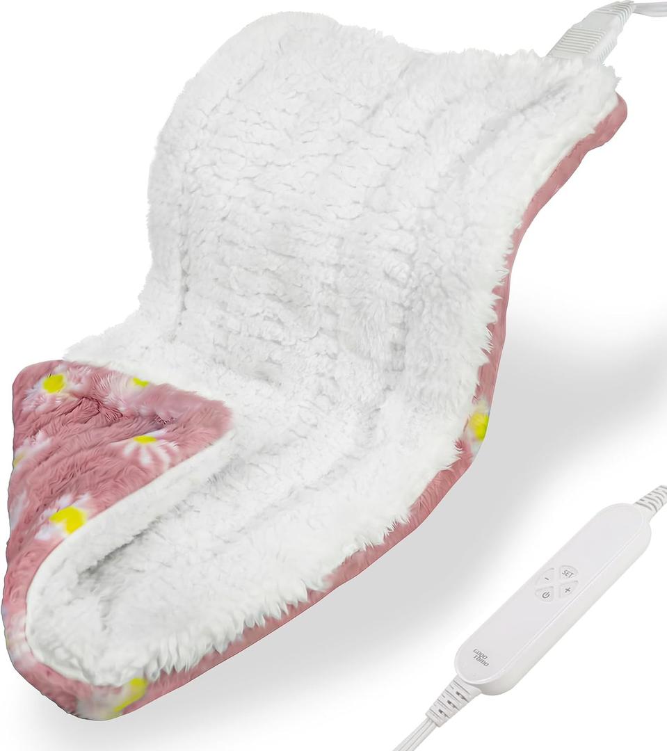 GOQO TOMO Heating Pad, 12 x 24 Inch, Pink Floral Pattern, Machine Washable, 8 Timer Settings, 12 Heat Levels, for Back Pain ReliefP01