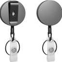 2 x Retractable Keychain with Badge Holder Clip - 2-Pack All-Metal Casing with 27.5" Durable Fiber Cord, Round Glossy Black - Retractable Keychain and Badge Holder Clip