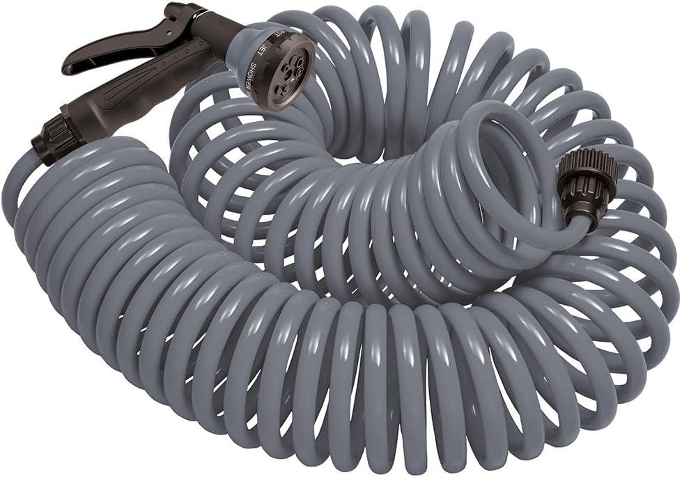 Orbit 26382 Coil Garden Hose, 25 Feet, with 8Pattern Hose Nozzle (Gray)