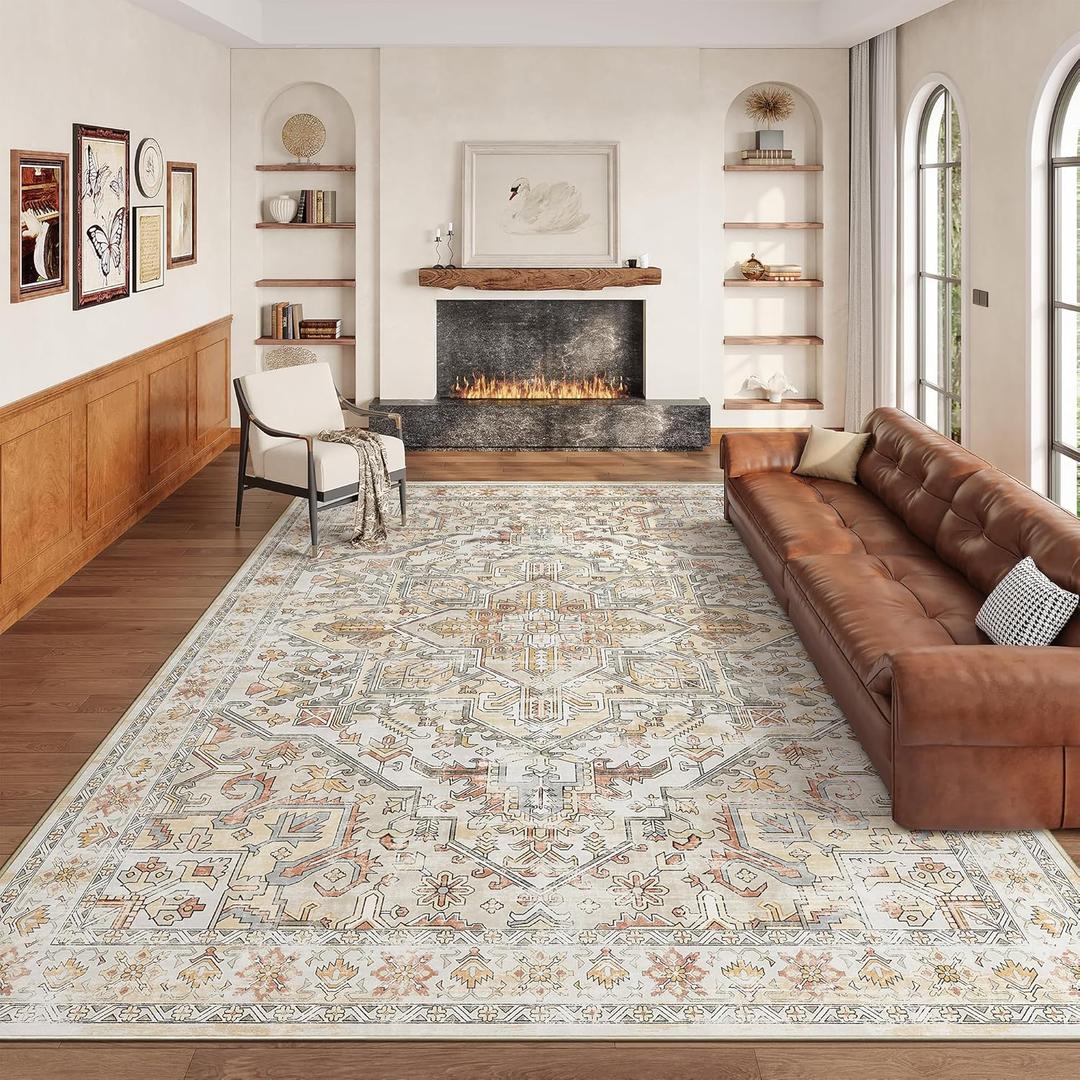 zesthome 8x10 Area Rugs - Stain Resistant Washable Rug for Living Room, Non-Slip Backing Large Area Rug with Ultra-Thin Low Pile for Bedroom, Vintage Home Decor (Orange/Beige)