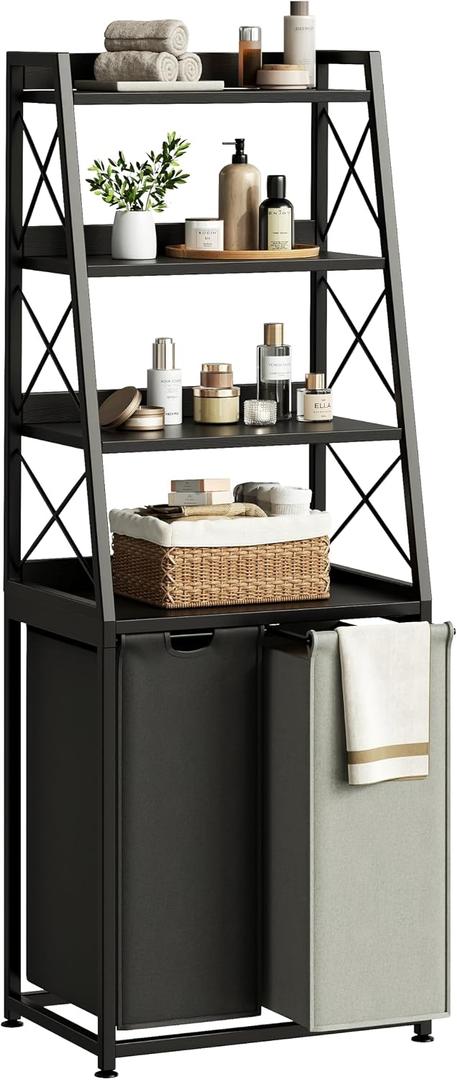 Herture Laundry Basket, 2 Section Laundry Hamper with 4 Tiers Shelf, Pull-Out and Removable Laundry Bags, Large 2 x 15.87 Gallons, for Bedroom Bathroom Black PF11XLK