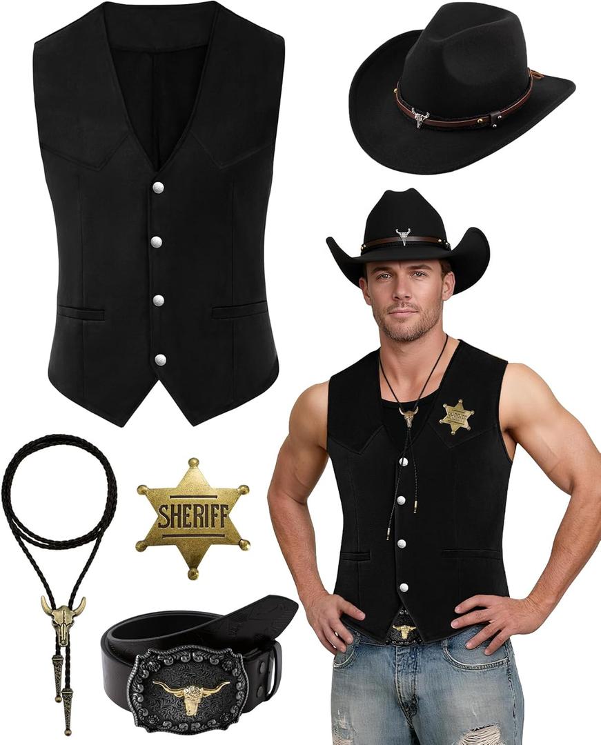 5 Pcs Western Outfits for Men Cowboy Suede Leather Vest Hat Necktie Buckle Belt Sheriff Badge for Halloween Costume (Medium, Black)