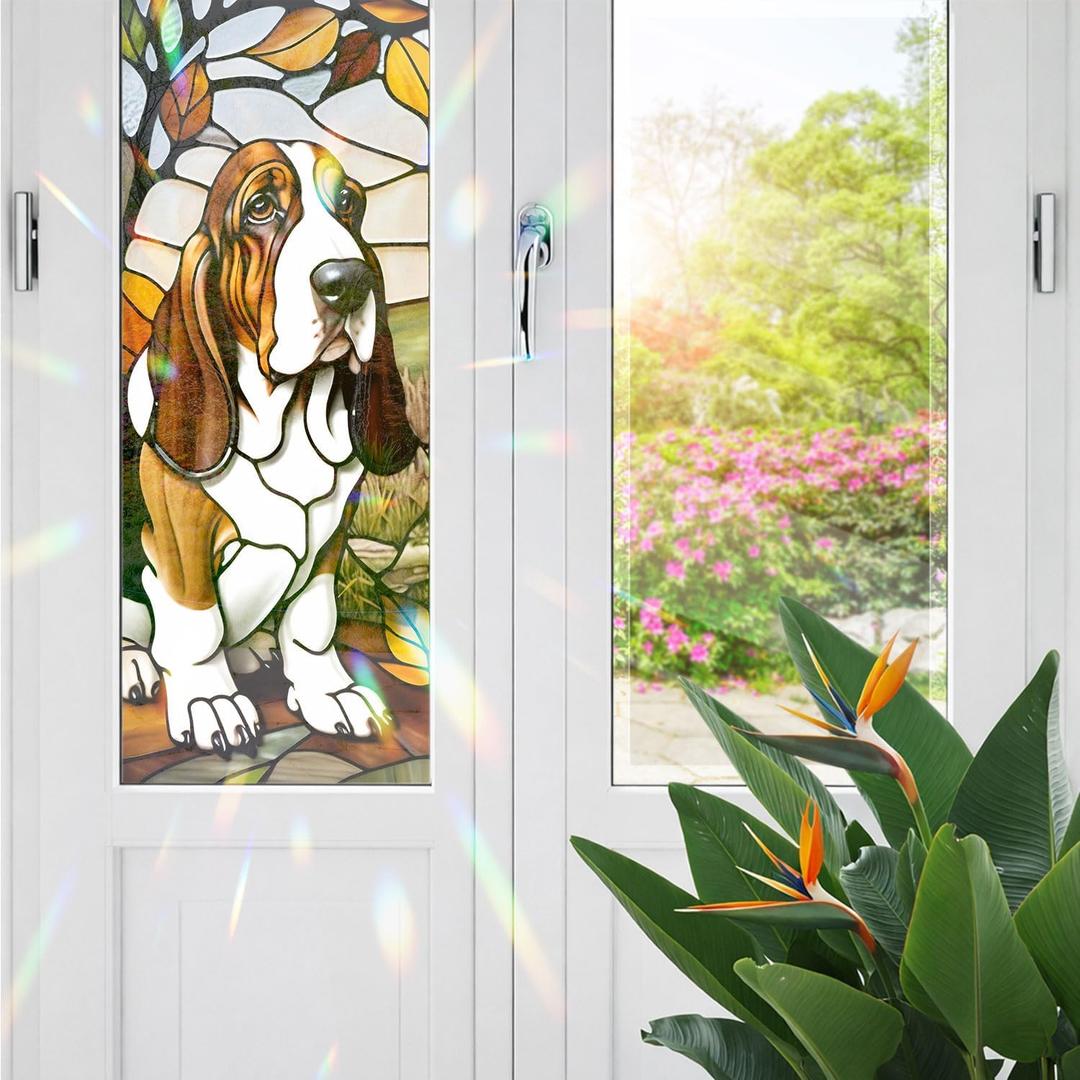 Decorative Basset Hound Stained Glass Window Film, Dog Stained Glass Window Film for Bathroom Door Heat Anti UV