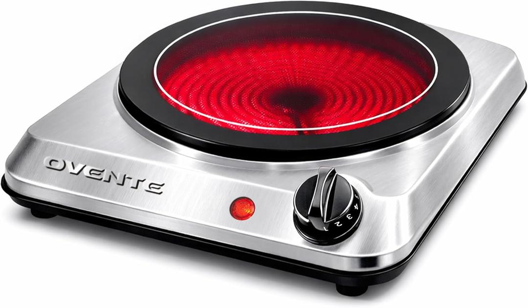 OVENTE Countertop Infrared Single Burner, 1000W Electric Hot Plate with 7 Ceramic Glass Cooktop, 5 Level Temperature Setting & Easy to Clean Base, Compact Stove for Home Dorm Office, Silver BGI101S