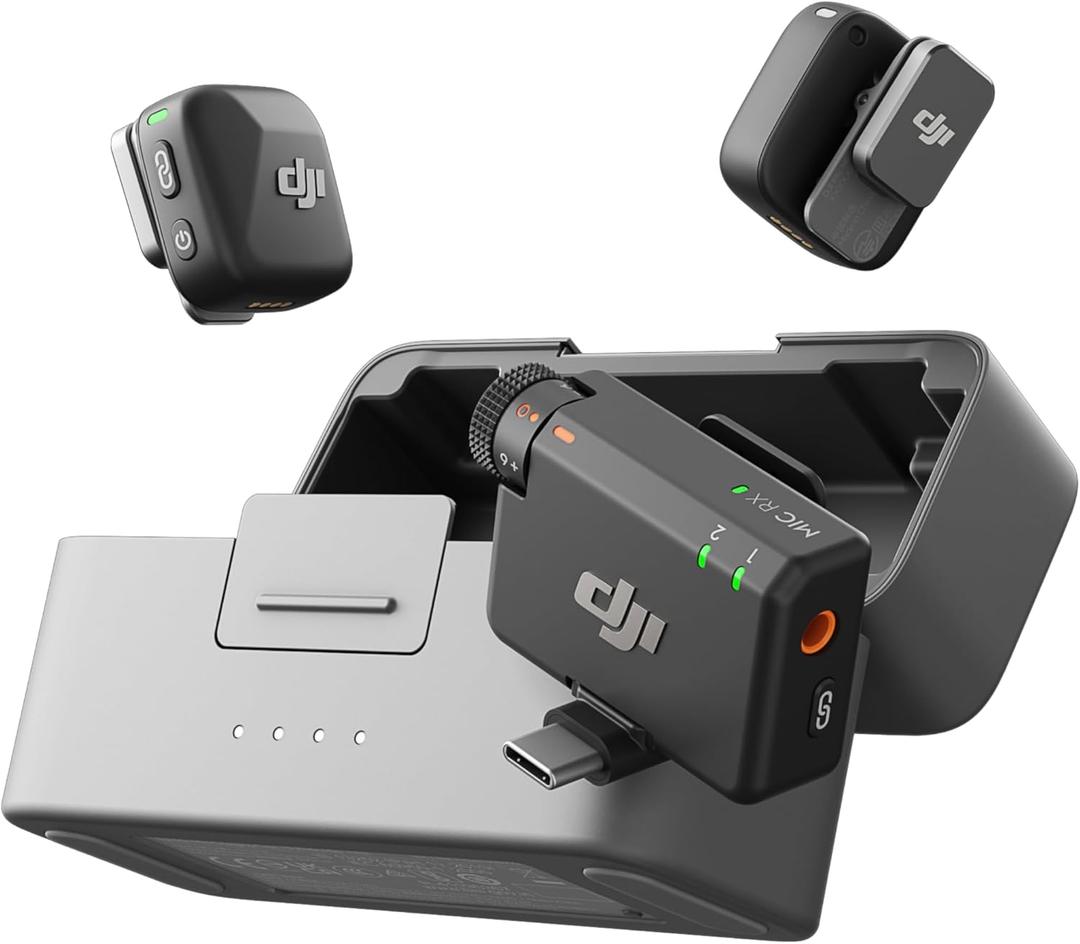 DJI Mic Mini (2 TX + 1 RX + Charging Case), Wireless Lavalier Microphone for iPhone/Camera/Android, Ultralight, Detail-Rich Audio, 48h Use, Noise Cancelling, Automatic Limiting, Vlog, Streaming