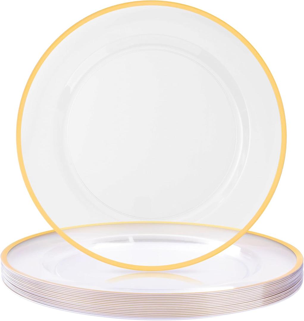 12 Inch Disposable Charger Plates, 15 Pack Plastic Clear Plates with Gold Rim, Perfect Table Decor for Party, Wedding, Dinner (Clear&Gold)