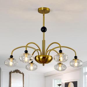 Vintage 6 Light Glass Globe Sputnik Chandelier Mid Century Pendant Light Fixture Black and Gold G9 Bulb Ceiling Light for Living Room Kitchen Dining Room Bedroom Farmhouse