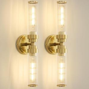 Bathroom Light Fixtures, Gold Wall Sconce in Threaded Glass Vanity Lights 2 Pack, Modern Bathroom Vanity Light Up and Down Sconces Wall Lighting for Bathroom, Living Room - Bulb Not Included