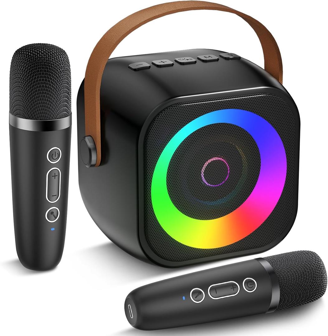Mini Karaoke Machine, Portable Bluetooth Speaker with 2 Wireless Microphones for Kids & Adults, Karaoke Microphone with LED Lights, Gifts for Girls & Boys (Black)