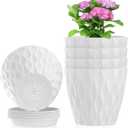 Meowell 4 inch Small Plastic Nursery Pots, 5 Pack Water Ripples Plant Pots for Indoor Plants, Flower Pots with Drainage Holes and Saucers, Seedling Starter Planters for Succulent Plants, White