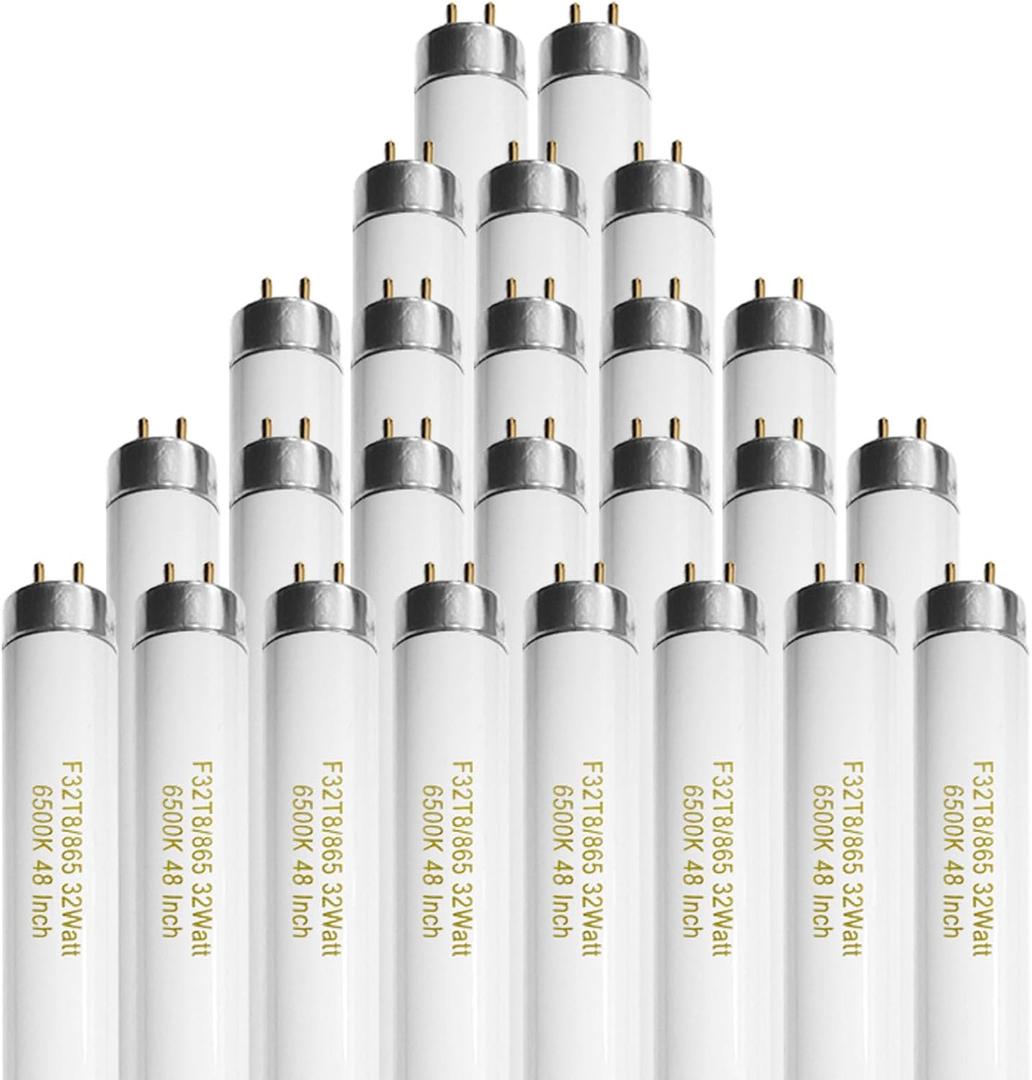 Konideke 25 Pack T8 Fluorescent Bulbs 4 Foot, F32T8/865 Fluorescent Light Bulb 48 Inch 32 Watt 6500K Daylight 2500 Lumens G13 Base