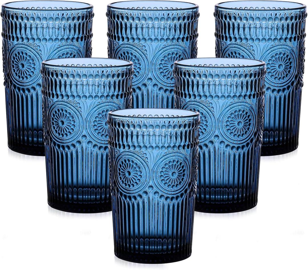 ZMOWIPDL Vintage Glassware Drinking Glasses Set of 6,13 oz Blue Textured Flower Design Glass Water TumblersEmbossed Striped Drinkware for Water,Cocktails,Juice,Iced Coffee