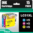 Compatible Ink Cartridge Replacement for Brother LC51 LC-51 LC51C LC51M LC51Y LC51cl Color Work with MFC-845CW 885CW 240C 3360C 440CN 465CN 665CW 685CW(5 Cyan, 5 Magenta, 5 Yellow, 15-Pack)