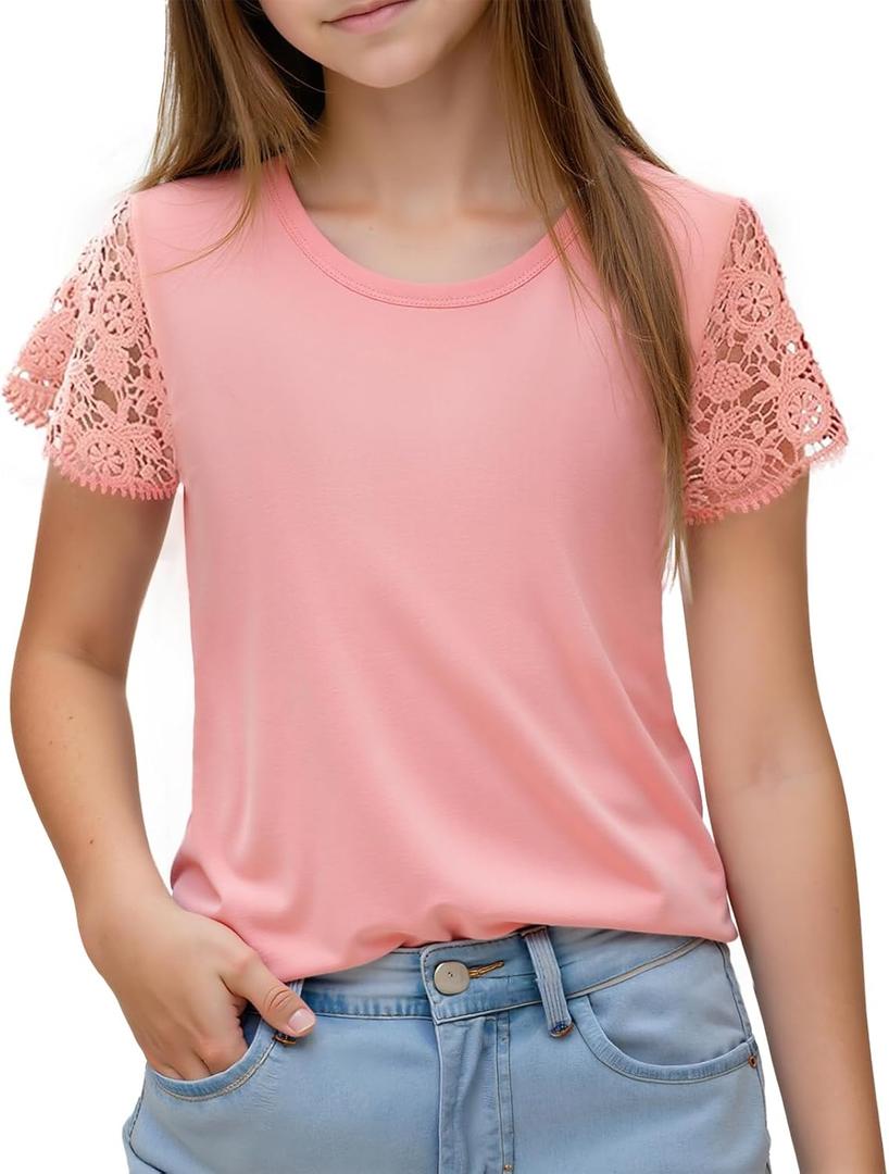 Noomelfish Girls Lace Short Sleeve T-Shirts Kids Summer Cute Tops Blouse(5-12 Years) (Pink, M)