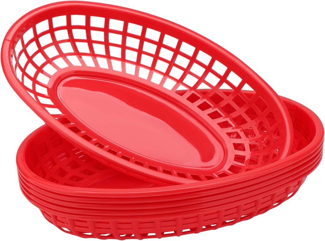 EUSOAR 5Pcs Red-Oval Plastic Fast Food Serving Baskets, 9.4in x 5.9in, Great for Burgers, Fries, Sandwiches, Dishwasher and Microwave Safe