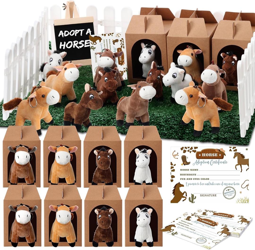 Blueweenly 84 Pcs Adopt a Pet Party Supplies 24 Mini Animals 10 White Plastic Fence 24 Paper Gift Boxes 24 Adoption Cards with Mini Chalkboard and Artificial Lawn(Pony)