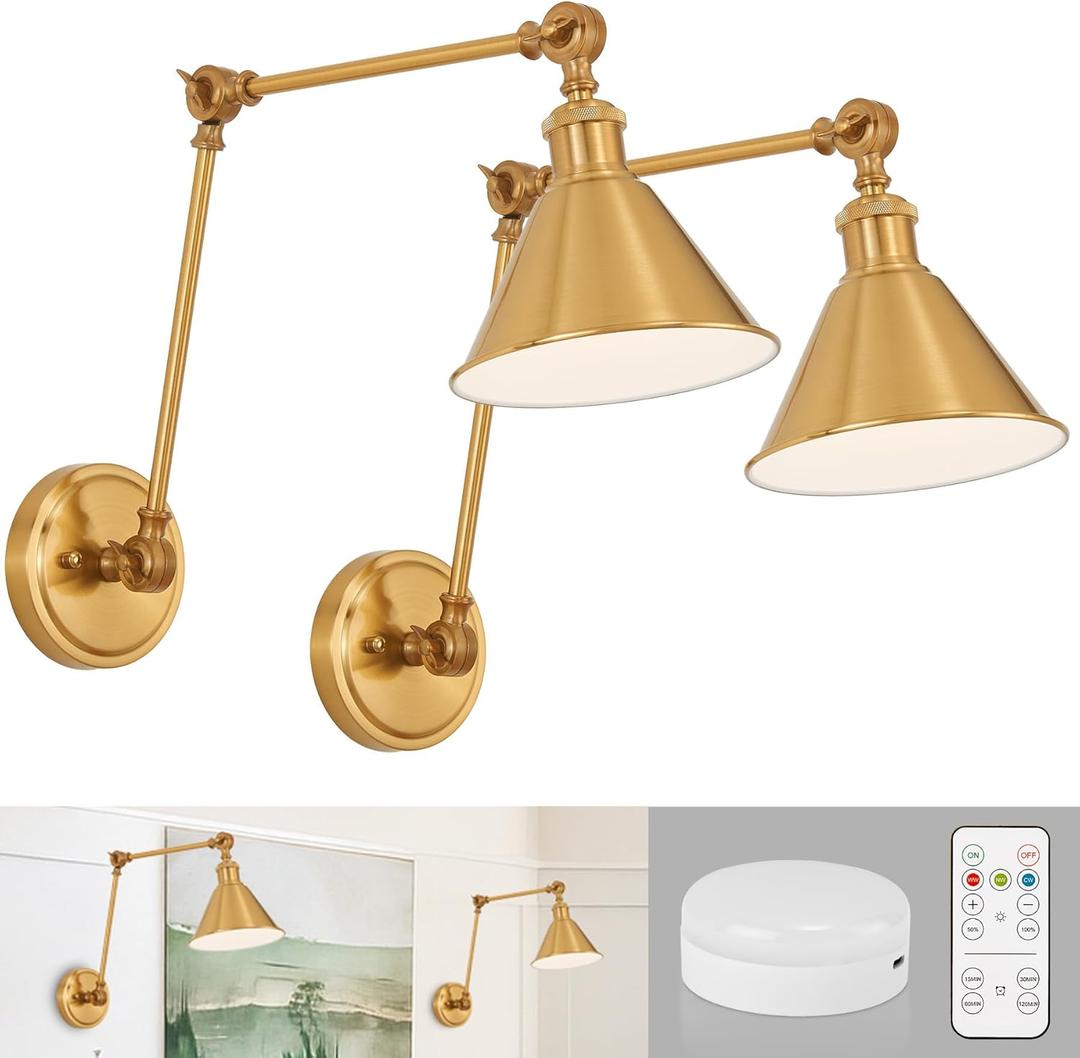 Gold Wireless Wall Sconces Set of 2 with Rechargeable Magnetic Bulb, Battery Operated Wall Sconces with Remote, Adjustable Swing Arm & 3 CCT Cordless Wall Lights for Living Room Bedroom Hallway