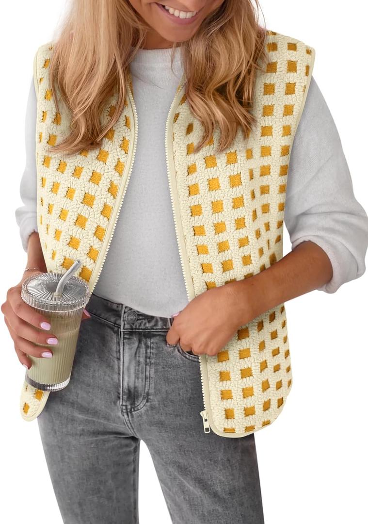 Womens Sherpa Vest Sleeveless Plaid Zip Up High Neck Warm Fleece Gilet Outerwear Crop Jackets with Pockets (X-Large, Yellow)