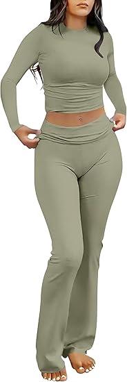ANRABESS Women 2 Piece Outfits Fall Lounge Sets Long Sleeve Cropped Top Fold Over Flare Pants Comfy Pajamas Set Y2K Clothes S