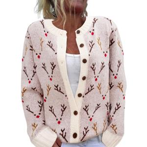 Women's Funny Fall Winter Animal Floral Christmas Tree Long Sleeve Button Knit Cardigan Sweater (Large, Elk-white)