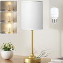 Fenmzee Gold Nightstand Bedroom Lamp - 3 Way Dimmable Bedside Lamp, Small Table Lamp Linen Lampshade for Office Desk, LED Bulb Included