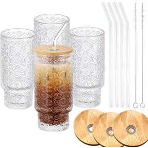 Vintage Glass Cups with Bamboo Lids and Straws4Sets 11oz Iced Coffee Cups for Women, Aesthetic Glass Tumblers for Juice, Cocktail, Whiskey  Housewarming Gifts for New Home, Coffee Bar Accessories (Large)