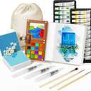 Mini Watercolor Paint Set, Walnut Wood Mini Paint Palette, 24-Colors Pocket watercolor set with Paint Brushes, Sketchbooks & Drawstring Bag, Ideal Paint Kit for Artists & Beginners