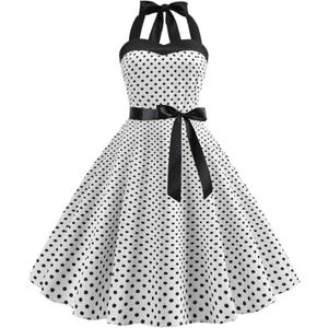 Women Vintage Polka Dot 1950s Rockabilly Halter Audrey Dress Retro Floral Evening Cocktail Swing Dress, Medium