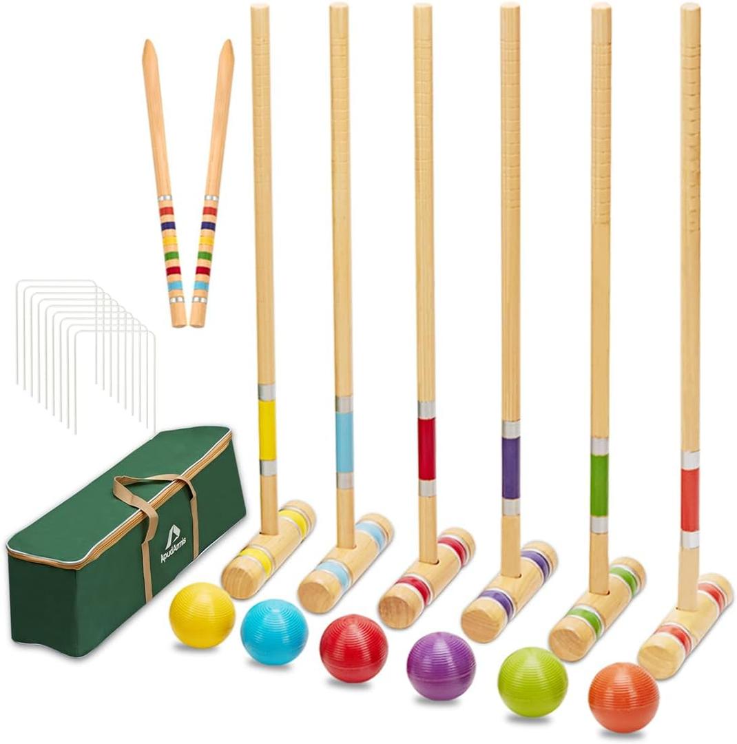 ApudArmis Six Player Croquet Set with Premiun Rubber Wooden Mallets 28In,Colored Ball,Wickets,Stakes - Lawn Backyard Game Set for Adults/Teenagers/Family (Large Carry Bag Including)