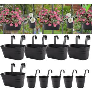 HowRU Metal Iron Flower Pots for Railing Fence Hanging Bucket Pots(5 Pcs) and Hanging Flower Pots Metal Iron Bucket Planter(10 Pcs) (Black)