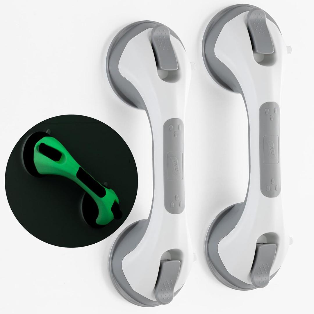 TAILI Shower Grab Bar Glow in The Dark, 2 Pack 12.2 in Grab Bars for Bathtubs and Showers, Shower Handles Shower Rails for Seniors and Elderly, Bathroom Safety Grip Removable No Drilling Waterproof Grey