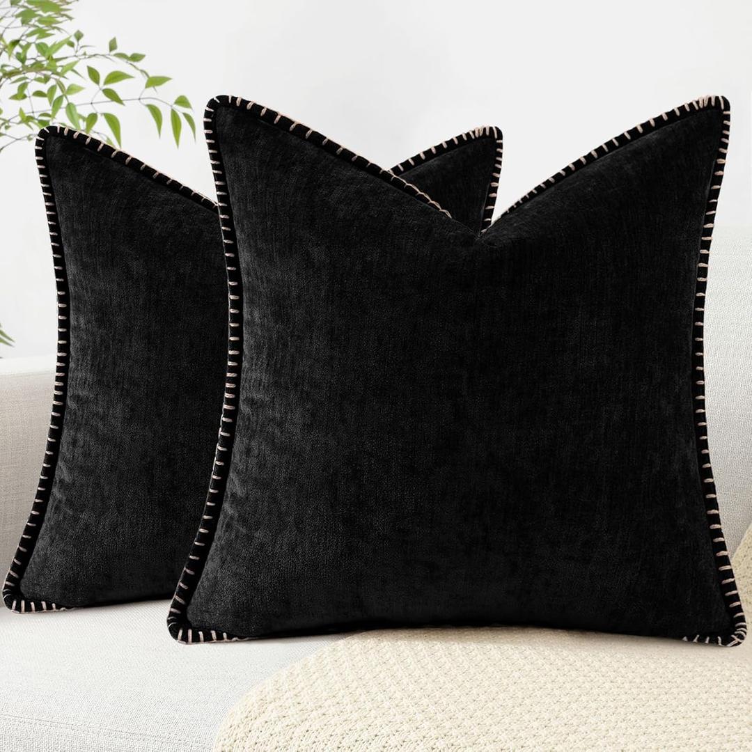 decorUhome Chenille Soft Throw Pillow Covers 18x18 Set of 2, Farmhouse Velvet Neutral Decorative Pillow Covers with Stitched Edge for Couch Sofa Bed Home Decor, Black
