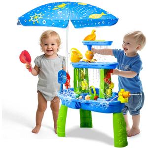 AuntyFey Water Table for Toddlers 1-3-5, Toddler Sand Table, Kids Water Table with Umbrella for Outside Kids Ages 4-8, Bright Blue, 28.66*23.37 Inch