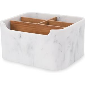 Remote Control Holder with Removable Wood Compartments for Media Devices, Desktop Stationery, and Bedside Nightstands,White (1 Pack, MARBLE)