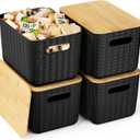 4 Packs Storage Bins with Bamboo Lids - Plastic Storage Containers with Lids Stackable Storage Box: Storages Baskets for Organizing Desktop Closet Playroom Classroom Office, Black