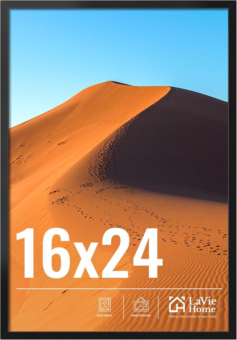 LaVie Home 16x24 Picture Frame for Wall Display, 16x24 Black Picture Frame with HD Plexiglas, 16 x 24 Poster Frame 1 Pack, Display Frame for Vertical or Horizontal, Classic Collection