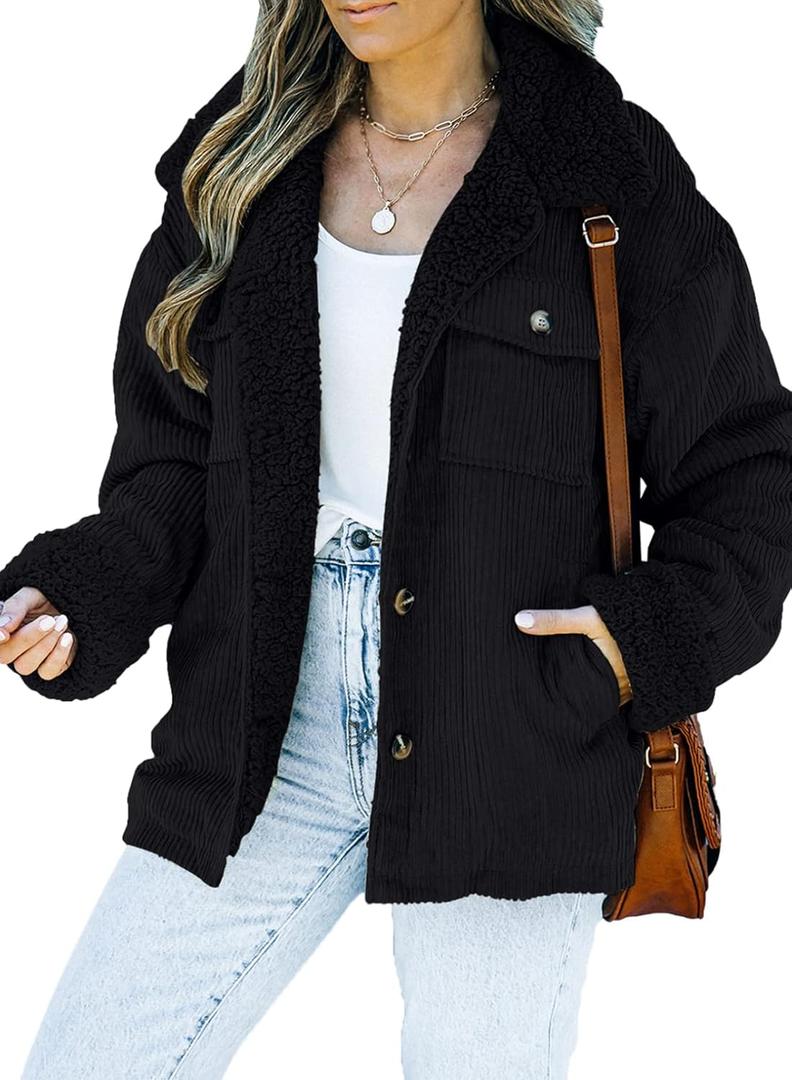Dokotoo Corduroy Sherpa Jacket for Women Button Down Fleece Fur Collar Winter Warm Coat (Small)