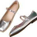 Stunner Mary Jane Square Toe Black Ballet Flats for Women Comfortable Ankle Strap Casual Slip On Flats, Size 10.5